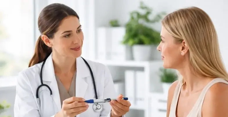 Physician explaining tirzepatide injection as part of a medically supervised weight loss program||Physician reviewing lab results with patient during a supervised tirzepatide weight loss consultation at The Maxim Clinic.