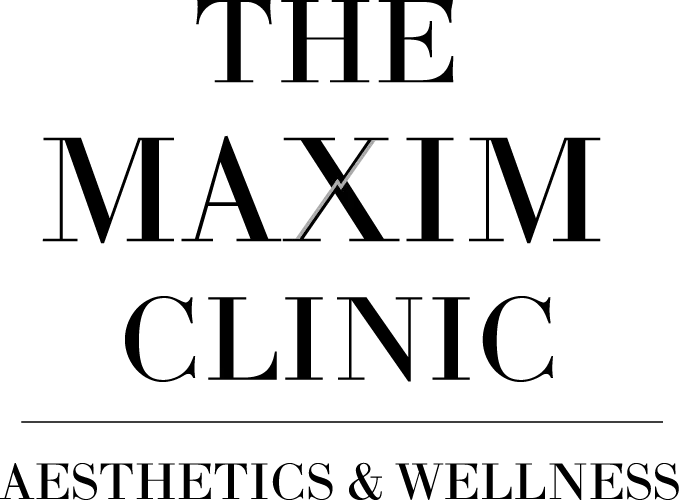 The Maxim Clinic Logo Transparent Black Text Grey Bolt