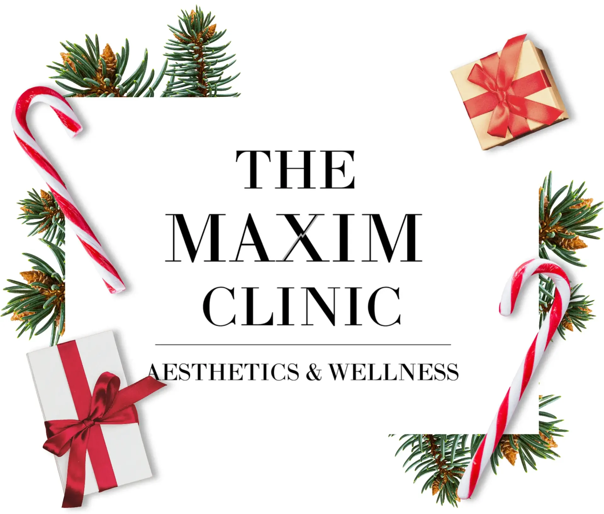 The Maxim Clinic holiday logo – North Atlanta aesthetics and wellness clinic celebrating the season