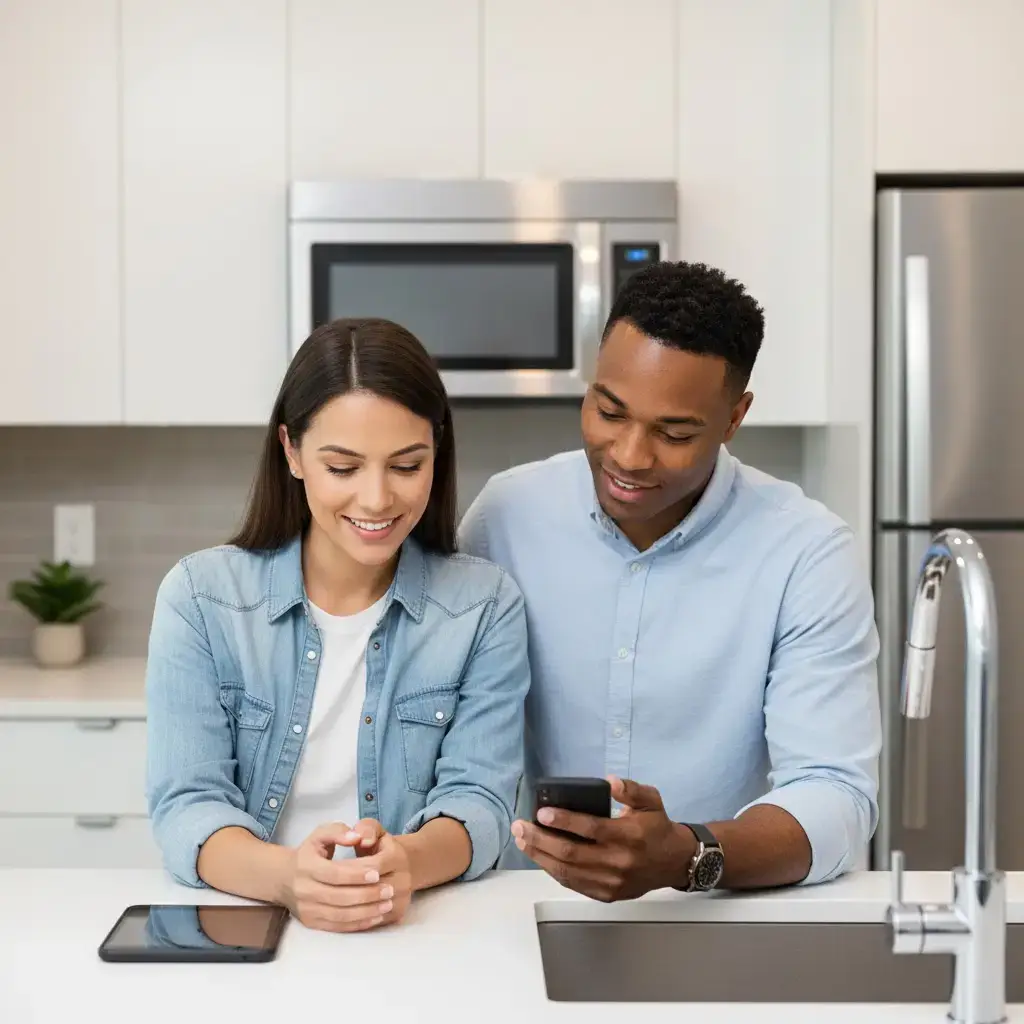A relatable couple in a modern Atlanta high-rise kitchen, intently researching medical weight loss costs and physician-led programs available in Marietta and Norcross.