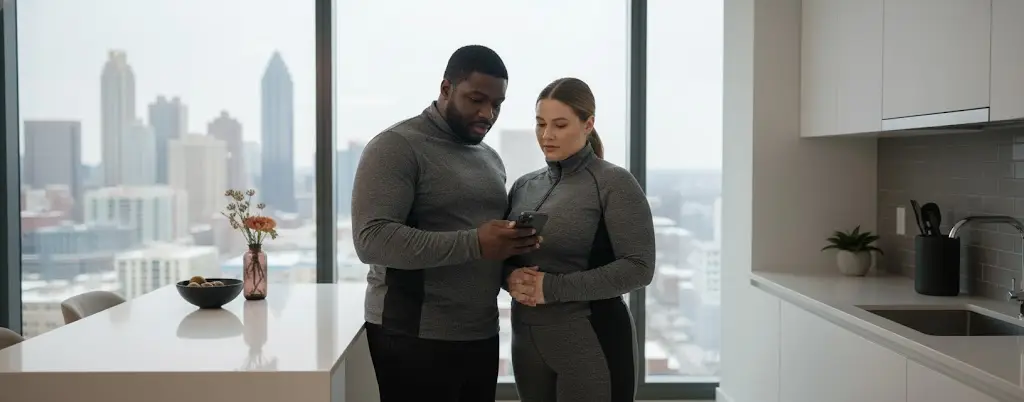 An attractive couple in an Atlanta high-rise intently researching clinical weight loss costs and physician-led programs available in Marietta and Peachtree Corners.