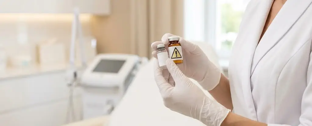 A medical professional in white gloves holds two small vials, one with a yellow warning triangle symbol, in a clinic setting.