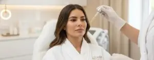 A beautiful Colombian woman with radiant skin receives a luxury serum restoration treatment at The Maxim Clinic, featuring high-fashion editorial aesthetics.