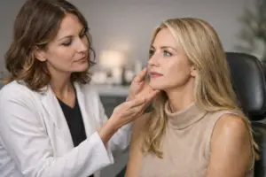 Physician-led aesthetic consultation evaluating facial balance and structural support